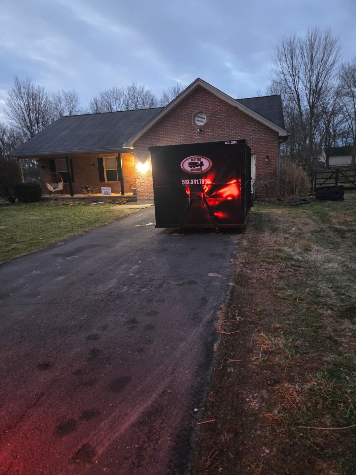 Clutter Cleanout dumpster CC-206 delivered to a Batavia OH home for a property cleanout